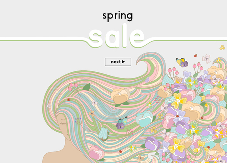 Spring sale background. Beautiful woman with Blooming hair. Spring Sale Banner, Sale Poster, Sale Flyer. Vector illustrationのイラスト素材