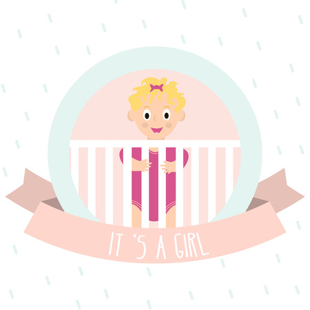 Baby Shower Invitation with cute little girl. Newborn baby vector illustration.のイラスト素材
