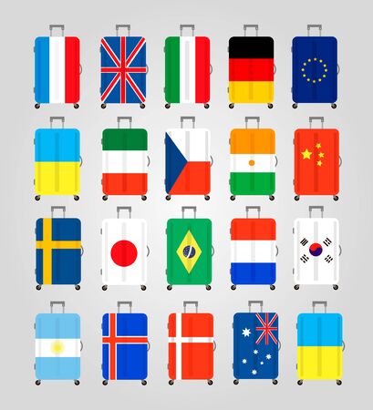 Suitcase icons set. 20 Suitcases with flags of different countries. Suitcase icon best. Vector Illustrationのイラスト素材