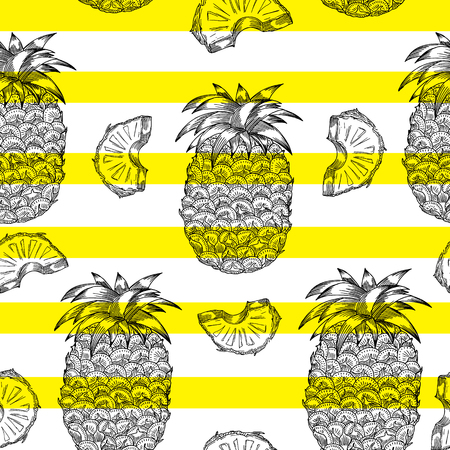 Pineapple pattern in engraving style. Monochrome texture with pineapple on yellow stripes. Perfectly look on fabric, textile, etc. Vector Illustrationのイラスト素材