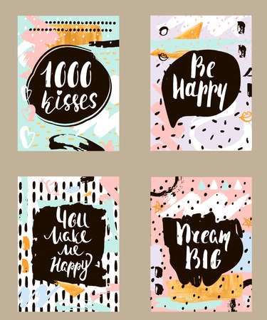 Set of creative invitation card with hand drawn shapes textures. Trendy art card collection. Handwritten lettering on art background. Vector Illustrationのイラスト素材