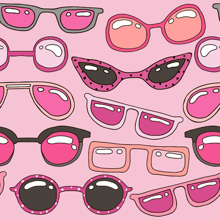 Seamless pattern with pink hand drawn sunglasses. Beauty summer texture. Perfectly look on fabric, web, textile, etc. Vector Illustrationのイラスト素材