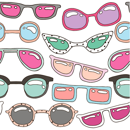 Seamless pattern with colorful pastel hand drawn sunglasses. Beauty summer texture. Perfectly look on fabric, web, textile, etc. Vector Illustrationのイラスト素材