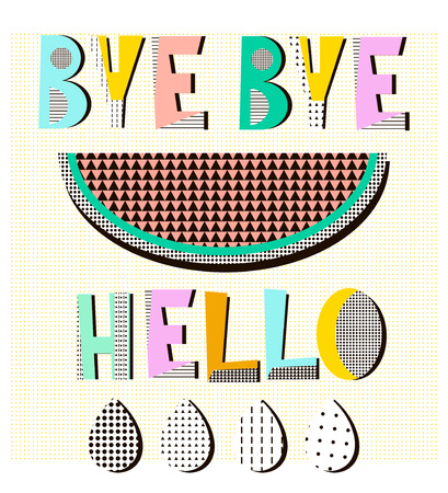Bye bye summer,hello autumn poster in geometric style with modern shapes. Memphic geometric background. Vector Illustrationのイラスト素材