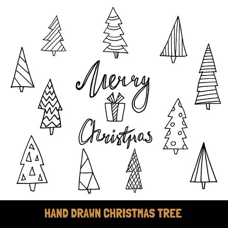 Big collection of hand drawn christmas tree and quote Merry Christmas for greeting card, banners, flyers, etc. Doodle vector holiday design elements. Vector christmas tree isolated on whiteのイラスト素材