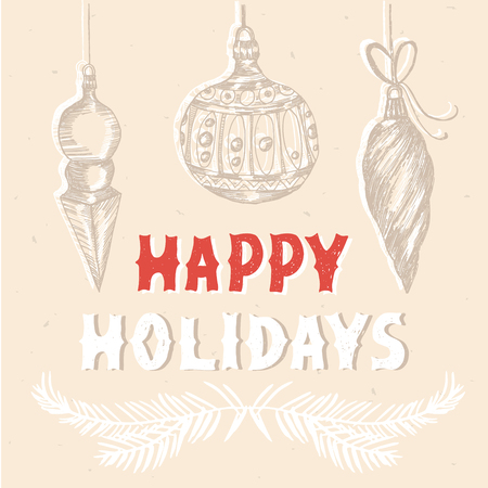 Happy Holidays greeting card with hand drawn Christmas decorations. Vintage greeting background with Christmas tree toys in engraving style. Vector Illustrationのイラスト素材