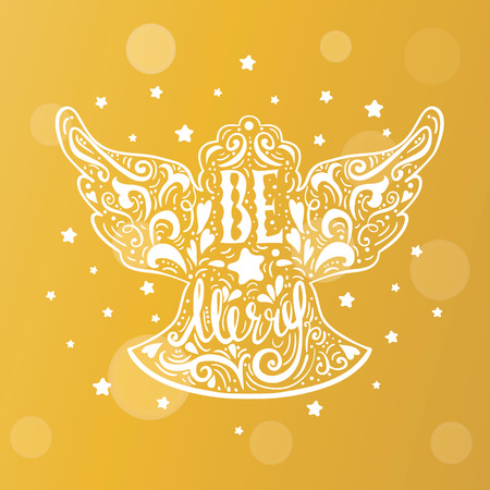 Be Marry- Silhouette of a Christmas Angel with unique lettering. Hand drawn design element for Holiday. Christmas vector greeting card on blurred background with bokeh effectのイラスト素材