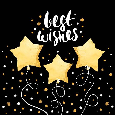 Best wishes- holiday unique handwritten lettering with balloons made in gold foil style. Greeting trendy backgroundのイラスト素材