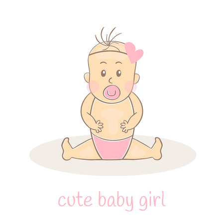 Cute little baby girl. Newborn baby icon. Smiling cartoon baby. It can be used for baby shower cards, packaging design baby products, etc. Vector Illustrationのイラスト素材