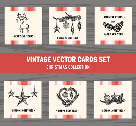 Collection of Hand drawn Christmas greeting cards. Christmas and holidays cards in retro style. Vector Illustrationのイラスト素材