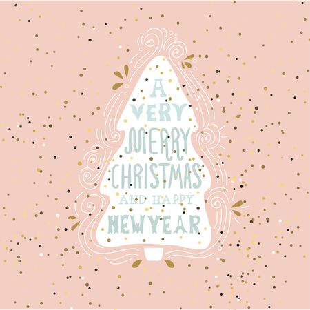 A very Merry Christmas- winter holiday saying. Hand drawn greeting card with handwritten lettering and Christmas tree. Vector Illustrationのイラスト素材