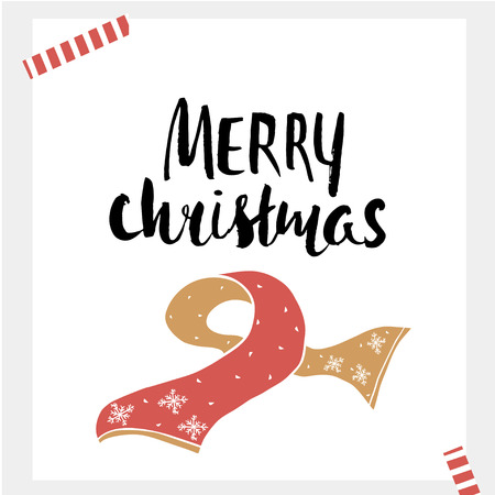 Merry Christmas - Holiday unique handwritten lettering made with ink. Ready design for card, background and invitation. Vector Illustrationのイラスト素材