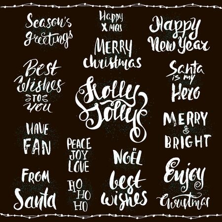 Collection of Christmas lettering on black background. Handwritten greetings.のイラスト素材