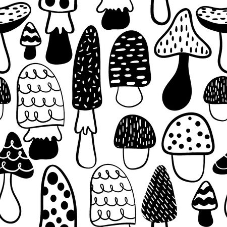 Black and white modern mushroom seamless pattern. Vector modern doodle backgroundのイラスト素材