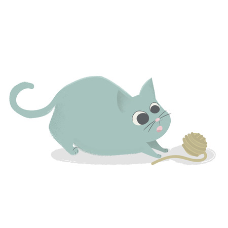 Cute cat playing with ball of yarn. Comic cartoon kitten isolated. Ready illustration for kids book, apparel design. Vector Illustrationのイラスト素材