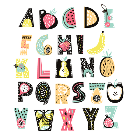 Abstract Alphabet fruit. Creative Kids font. Great for education, home decor. It Be used for funny t-shirt quotes and kids fashion prints. Vector Illustrationのイラスト素材