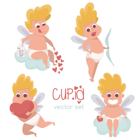 Cupid in various positions isolated. Cute baby boy cupid with heart.Vector Illustrationのイラスト素材