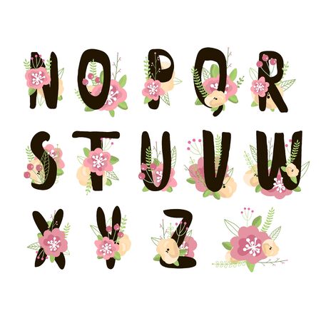 Floral Alphabet Isolated on white. Letters made with brush and ink. Perfect for decoration or create different quotes on fabric. Vector illustrationのイラスト素材
