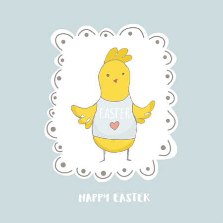Happy Easter greeting background with cute chick character. Hand drawn vector Illustration.のイラスト素材