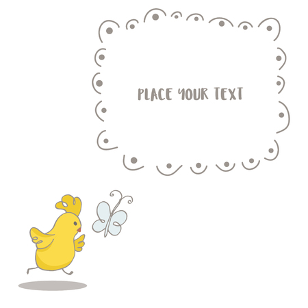 Easter greeting background with cute little Chicken chasing a butterfly. Text place in frame. Hand drawn vector Illustration.のイラスト素材