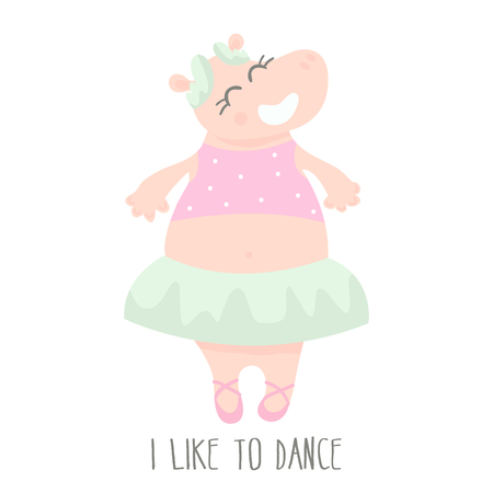 Cute baby hippo ballerina dancing cartoon hand drawn vector illustration. Cartoon Hippo character isolated. Can be used for baby fashion print design, kids wear, poster, greeting and invitation card.のイラスト素材