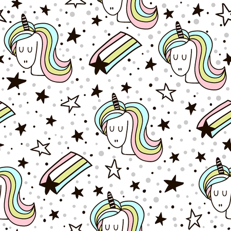 Cute seamless pattern with fairy unicorns and starfall.のイラスト素材