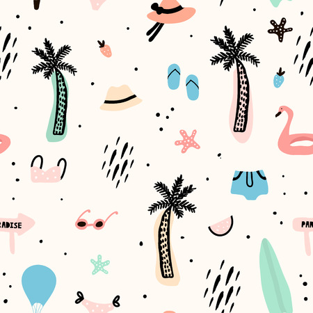 Seamless pattern with summer elements. Creative vector texture with palm tree,bikini,hat,sunglassesのイラスト素材