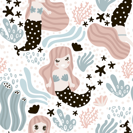 Seamless childish pattern with cute mermaids. Undersea vector trendy texture.Perfect for fabric,textile,wrappingのイラスト素材