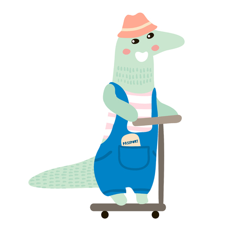 Cute crocodile boy hand drawn vector illustration. Cartoon crocodile on scooter character isolated. Can be used for baby fashion print design, kids wear, poster, greeting and invitation card.のイラスト素材