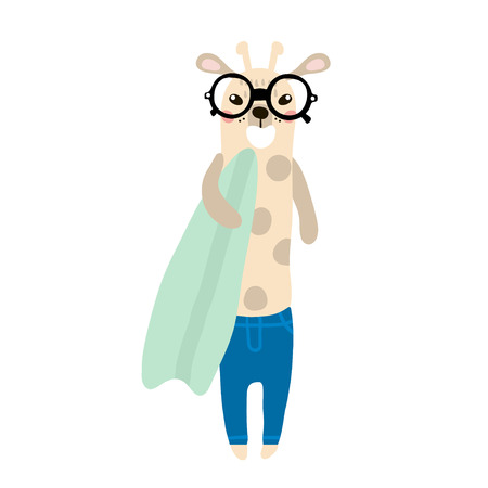 Cute giraffe boy hand drawn vector illustration. Cartoon giraffe with surfboard character isolated. Can be used for baby fashion print design, kids wear, poster, greeting and invitation card.のイラスト素材