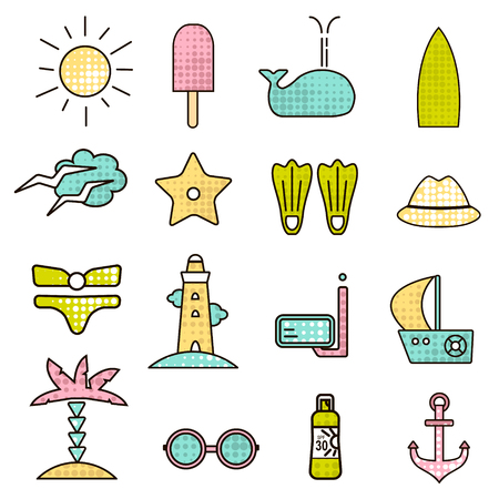 Outline icons with summer sign. Summer icons with halftone texture. Vector marine symbols isolated on whiteのイラスト素材