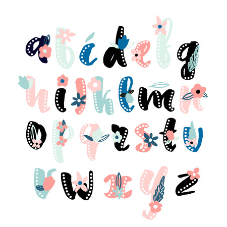 Made with ink alphabet with floral elements.Decorative abc isolated on white. Vector Illustrationのイラスト素材