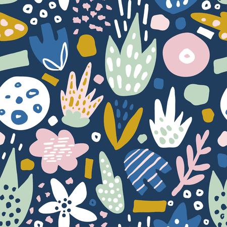 Floral seamless pattern with funky flowers. Creative surface design vector backgroundのイラスト素材