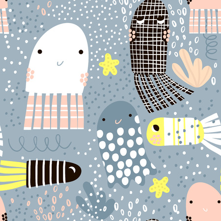 Seamless pattern with sea animal jelly fish, fish. Undersea Childish texture for fabric, textile. Vector backgroundのイラスト素材
