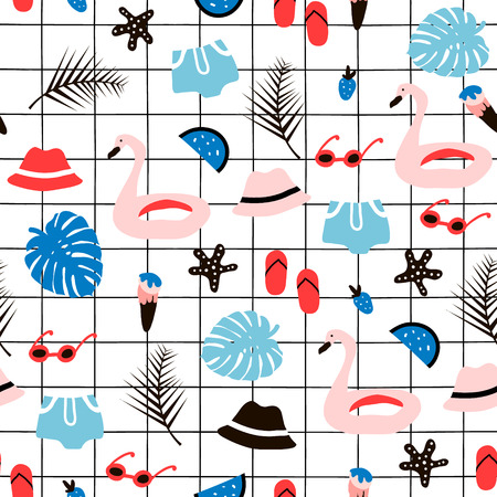Seamless pattern with summer elements. Creative vector texture with palm tree,flamingo swimming...