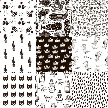 Set of 8 creative scandinavian style childish patterns. All samples are in swatches panel. Vector kids backgroundのイラスト素材