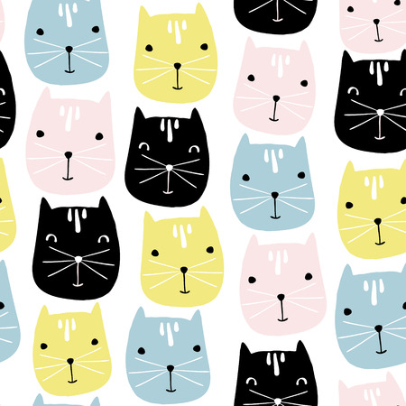 Cute cats faces seamless pattern. Vector childish backgroundのイラスト素材