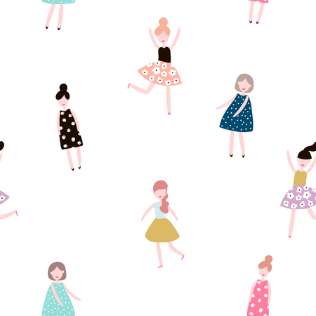Seamless pattern with fashion girls. Modern style flat vector background.のイラスト素材