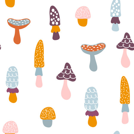 Seamless pattern with colorful mushrooms. Autumn background. Perfect for fabric,textile. Creative Vector backgroundのイラスト素材