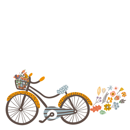 Autumn background with bike and floral elements. Vector Illustrationのイラスト素材