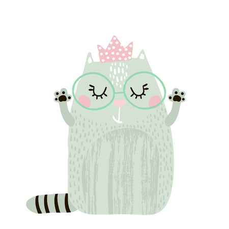 Cute cat girl with crown isolated on white. Childish print for apparel, nursery, cards,posters. Vector Illustrationのイラスト素材