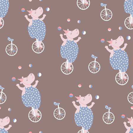 Seamless pattern with hippo artists. Circus vector childish background.のイラスト素材