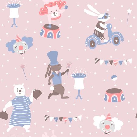 Seamless pattern with animal artists. Circus vector childish background.のイラスト素材