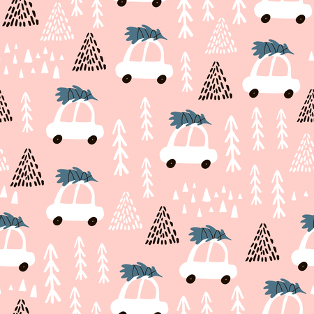 Seamless pattern with cartoon car going with christmas tree, forest elements and hand drawn shapes. Childish texture. Great for fabric, textile Vector Illustrationのイラスト素材