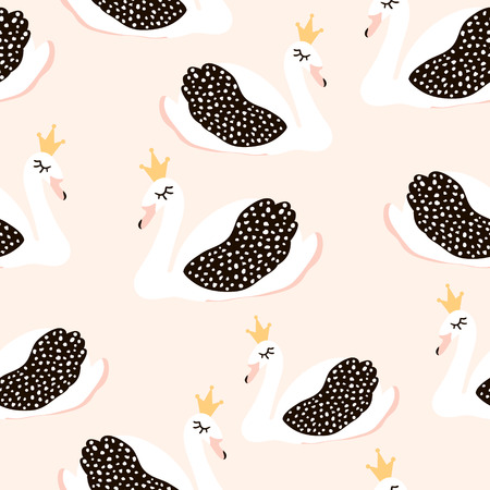 Seamless childish pattern with swan princess. Creative nursery background. Perfect for kids design, fabric, wrapping, wallpaper, textile, apparelのイラスト素材