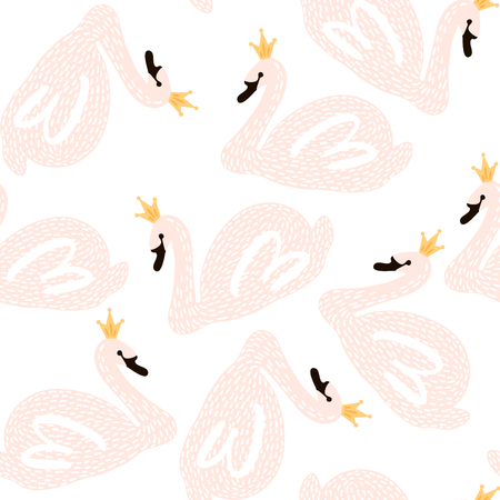 Seamless childish pattern with swan princess. Creative nursery background. Perfect for kids design, fabric, wrapping, wallpaper, textile, apparelのイラスト素材