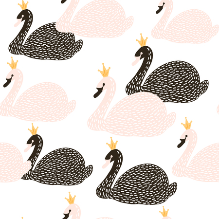 Seamless childish pattern with black and white swan princess. Creative nursery background. Perfect for kids design, fabric, wrapping, wallpaper, textile, apparelのイラスト素材