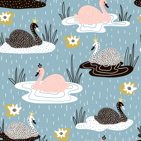 Cute hand drawn swan pattern.のイラスト素材