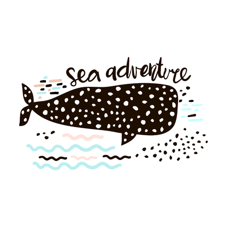 Sea adventure hand drawn creative print with whale. Childish print for nursery, kids apparel,poster, postcard. Vector Illustrationのイラスト素材