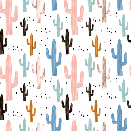 Seamless pattern with cactus and hand drawn textures. Perfect for fabric, textile. Vector pastel...